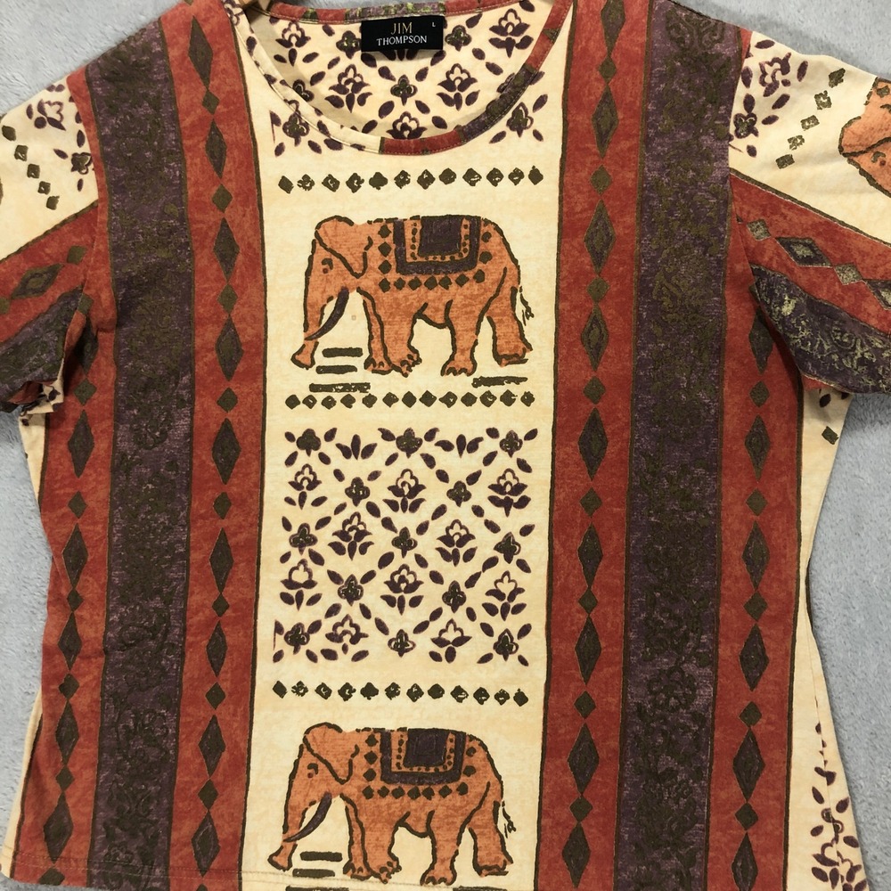 Jim Thompson Elephant Print T-Shirt Short Sleeve Crew Neck Top Size L‎